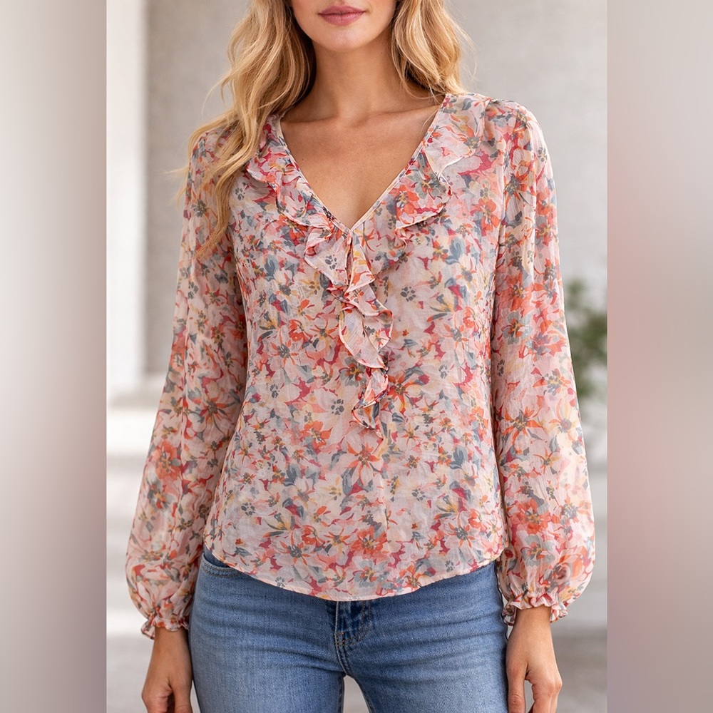 LC Sheer Ruffle Blouse With Attached Camisole Underneath
